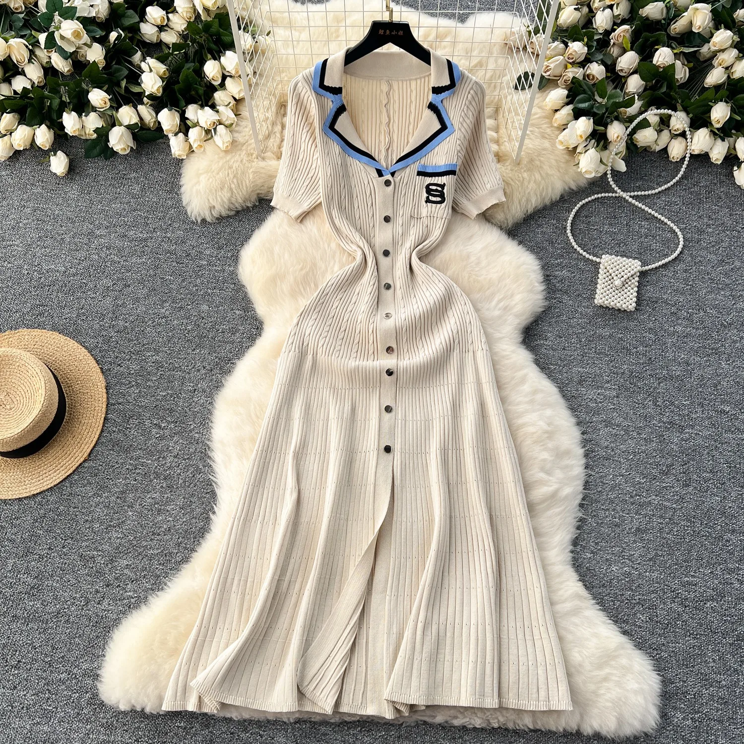 YuooMuoo 2024 Summer Women Knitted Long Dress Brand Fashion Turn-down Collar A-line Sweater Dress Elegant Lady Office Dress Robe