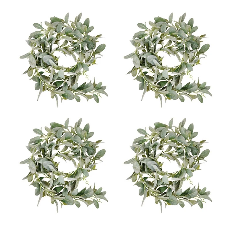 

Promotion! 4X Artificial Flocked Lambs Ear Garland - 2Meter Soft Faux Vine Greenery And Leaves For Farmhouse Mantel Decor