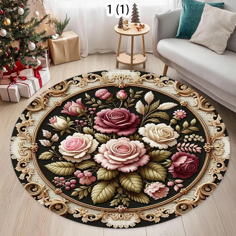 Red Vintage Style Round Rug Antique Look Teppich Round Area Rug Turkish Distressed Large Rug for Living Room Rugs Decoration