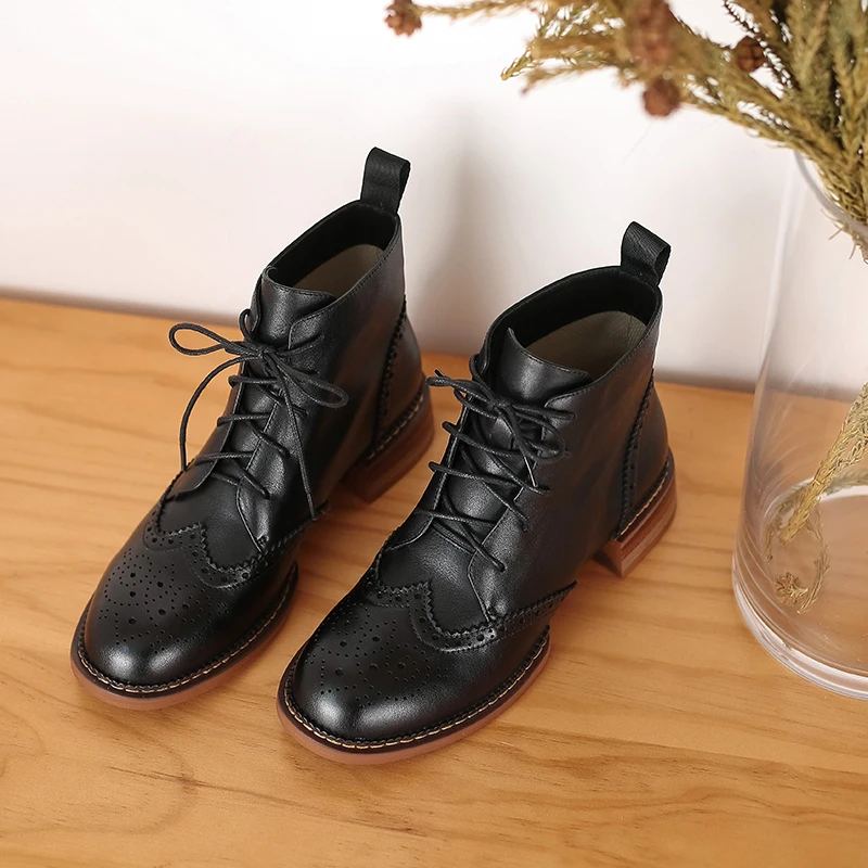 2022 Autumn Winter Women Ankle Boots Office Ladies Casual Round Toe Low Heels Cross-Tied Genuine Leather Platform Shoes Woman