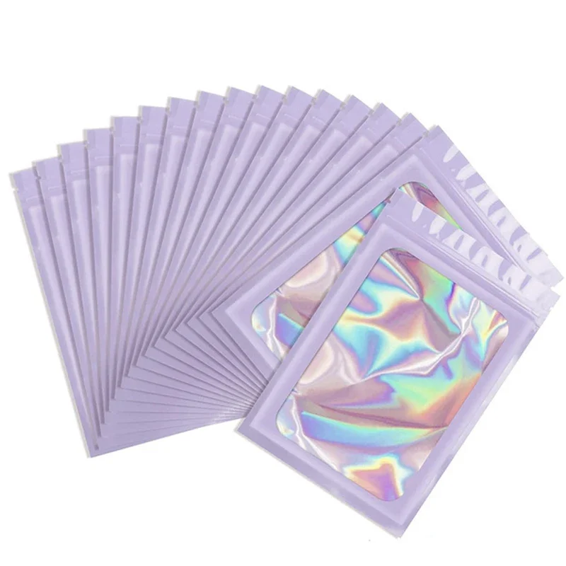 50pcs Thick Smell Proof Mylar Bags Laser Color Plastic Resealable Odor Proof Bags Holographic Pouch Bag with Clear Window