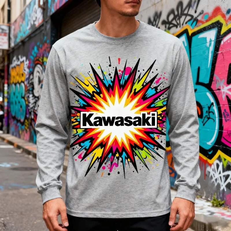 

MOTO-серая рубашка с длинным рукавом, яркий поп-арт-взрыв и узор логотипа Kawasaki