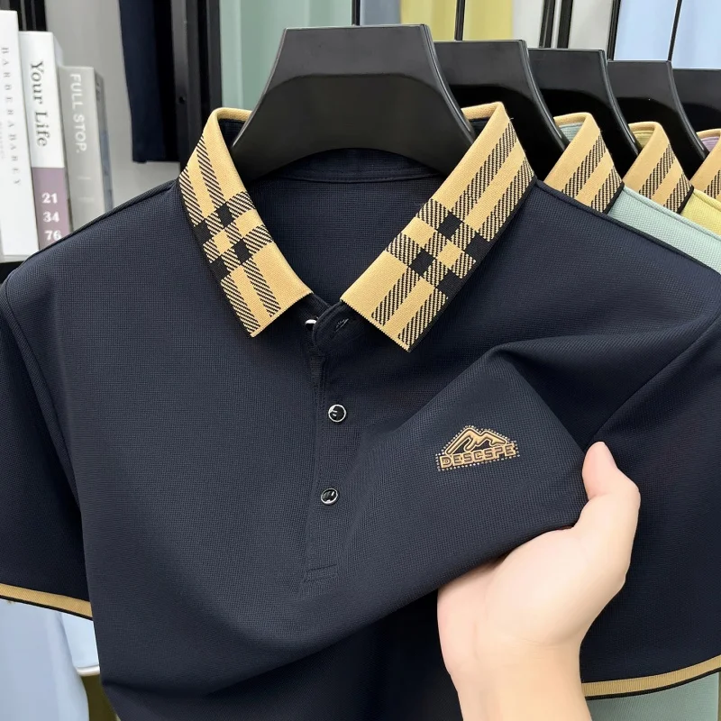 

High quality men's short sleeve polo shirt luxury fashion brand letter embossed stripe color blocked lapel summer casual T-shirt