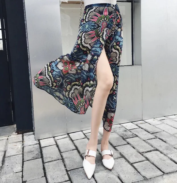 falda larga de verano estilo boho Y2K con estampado floral negro
