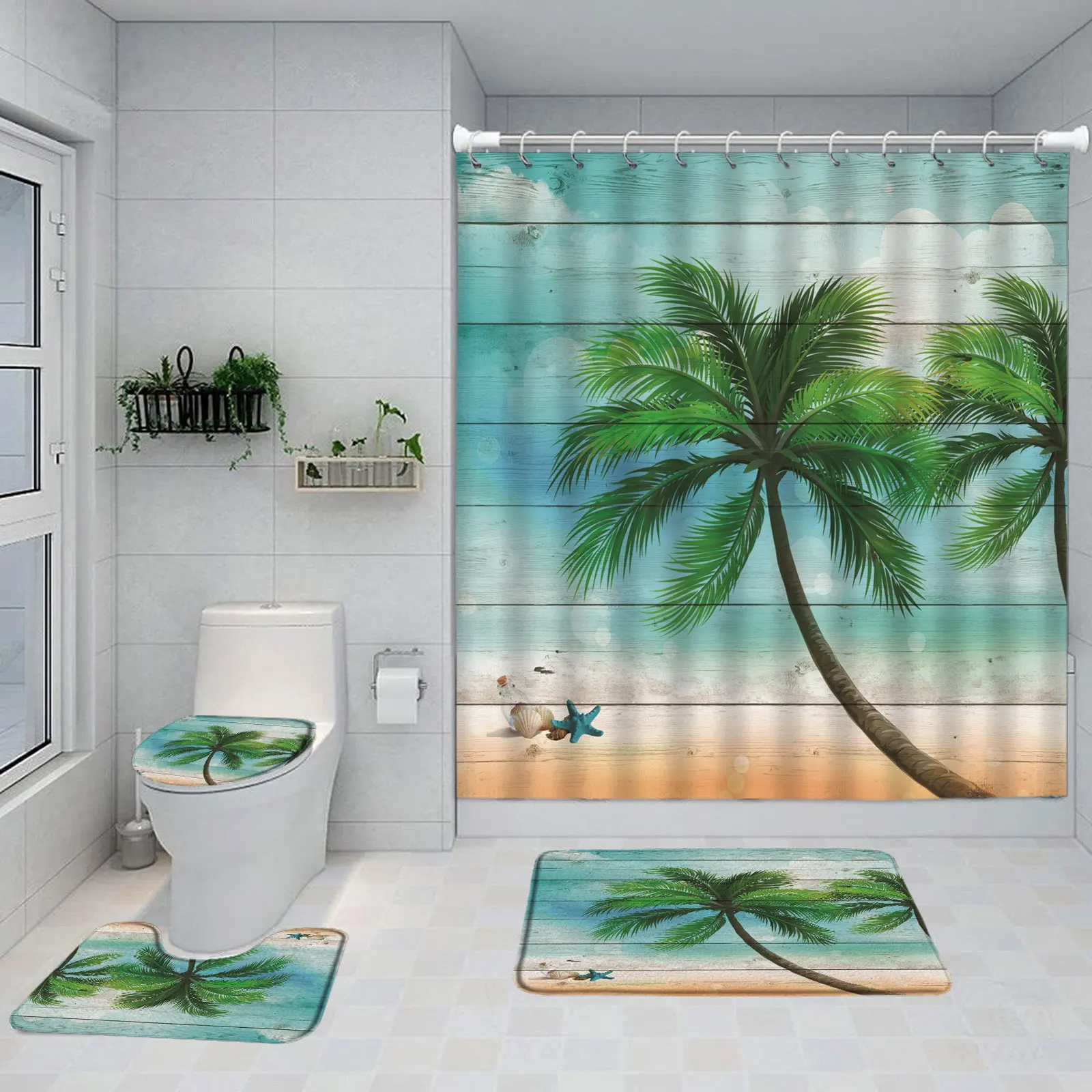 Seaside Beach Ocean Blue Sky Coconut Tree Shower Curtain Tropical Dusk Sunset Non-Slip Bath Mat Toilet Seat Bathroom Set Decor