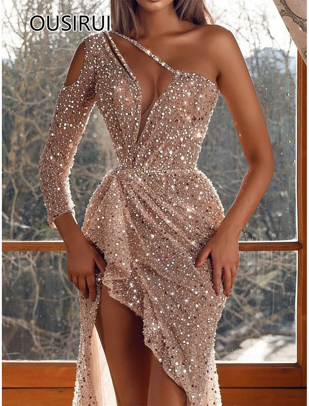 OUSIRUI-vestido de fiesta de un hombro con lentejuelas brillantes, traje Sexy de sirena con abertura lateral