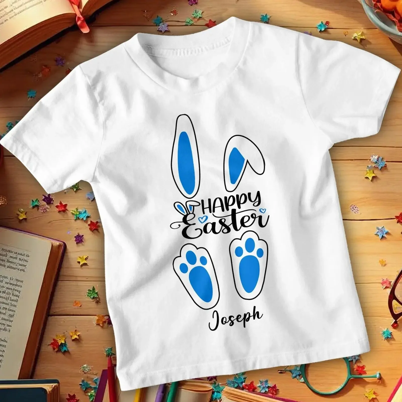 Personalisiertes Jungen Mädchen T Shirt Bunny Tracks Frohe Ostern süß Festival vintage Washed Top For Everyday Wear streetwear