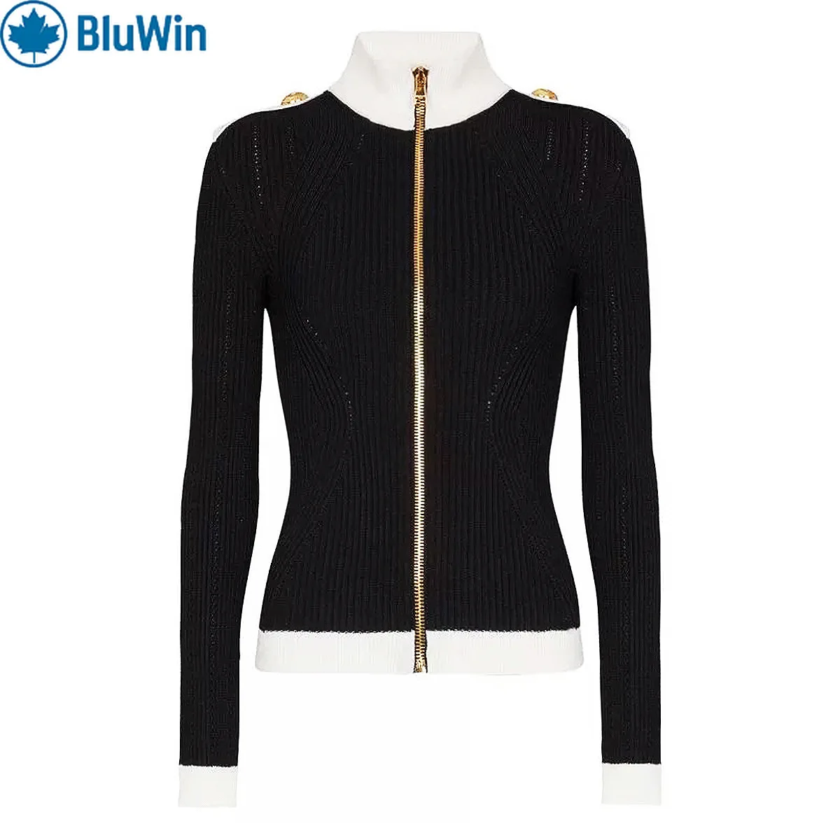 

BluWin Contrast Ribbed Zip Cardigan – Black with White Mock Neck & Cuffs, Gold Hardware