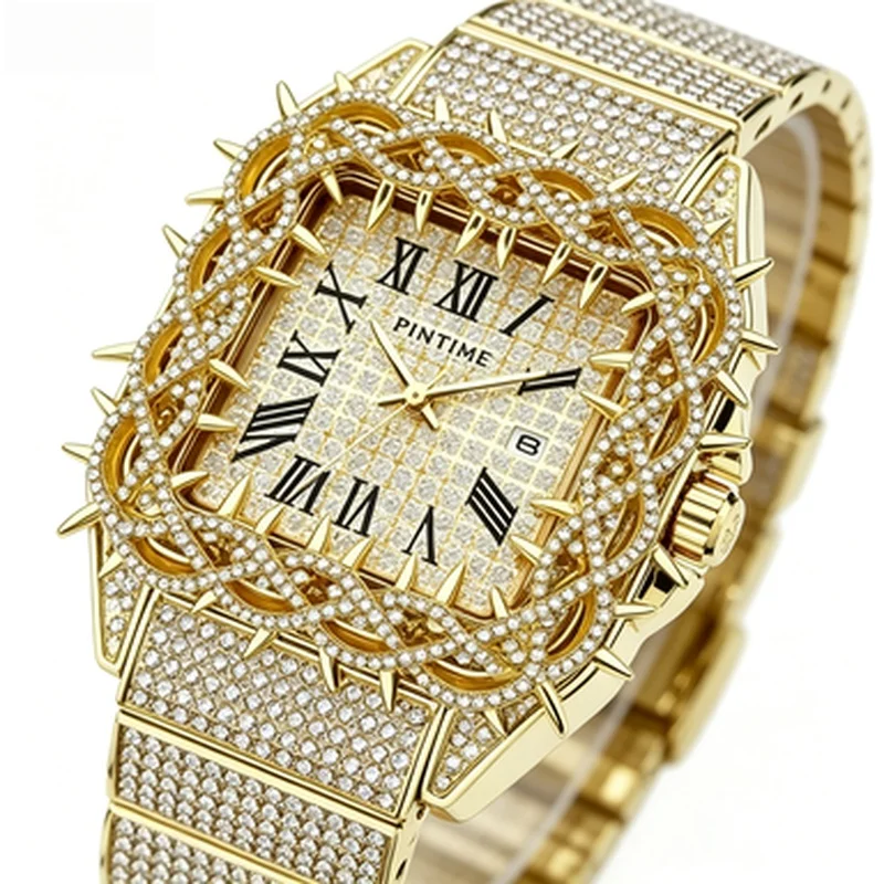 Square Thorns Dial Men Quartz Watch Full Inlaid Crystal Diamond Waterproof New Fashion Bling Male Wrist Clock