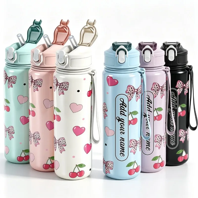 750ml Custom Personalized Cherry Bow Heart Pattern Leakproof Sports Water Bottle for Women Family Hiking Cycling Gym School Gift