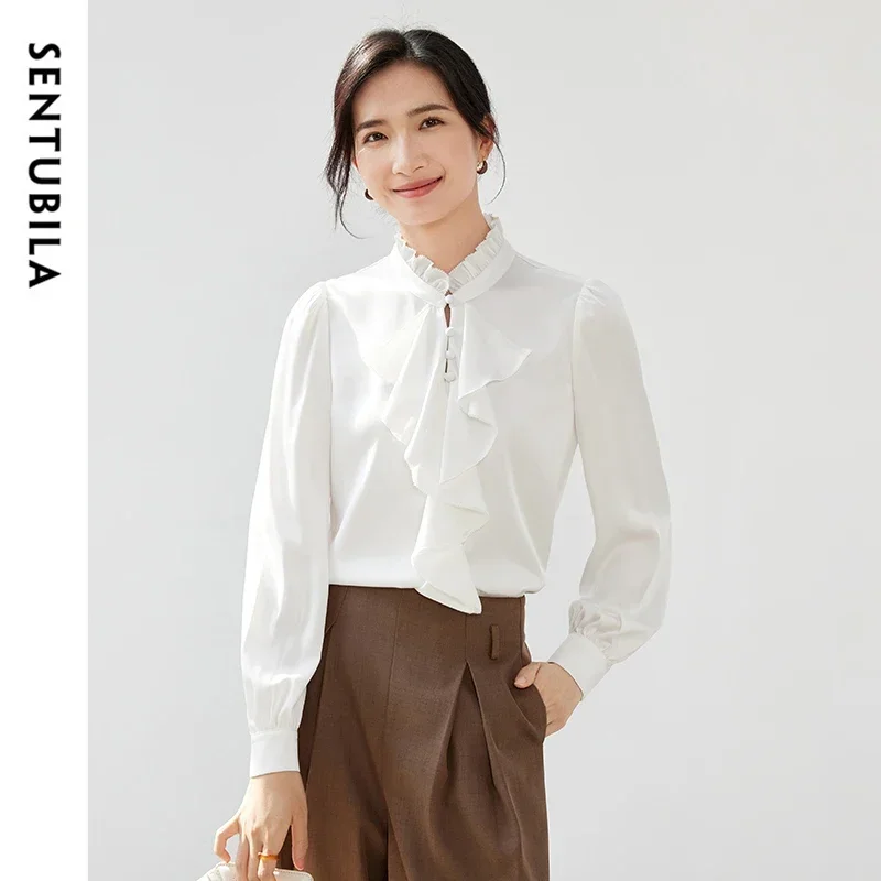 SENTUBILA White Chiffon Shirts For Women 2025 Spring Autumn Casual Commute Stand Collar Ruffles Long Sleeve Blouses 143V56667