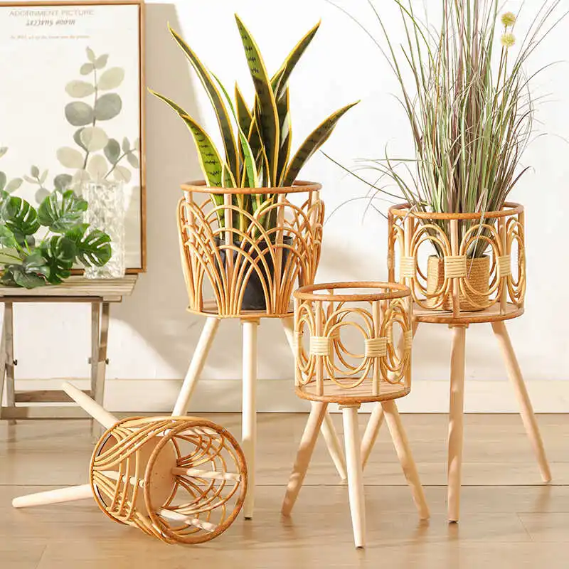 Nordic Sle Wood Indonesian Wier Soporte de flores Sala de estar Sofá Mesa auxiliar Piso Almacenamiento de tejido de bambú Ra Esquina B...