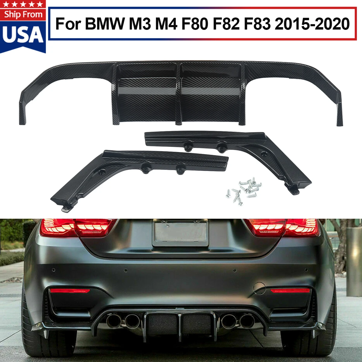 PSM Style Car Rear Lower Bumper Diffuser Spoiler Lip Body Kit For BMW 3 4 Serises F80 M3 F82 F83 M4 2015~2020 Carbon Fiber Color