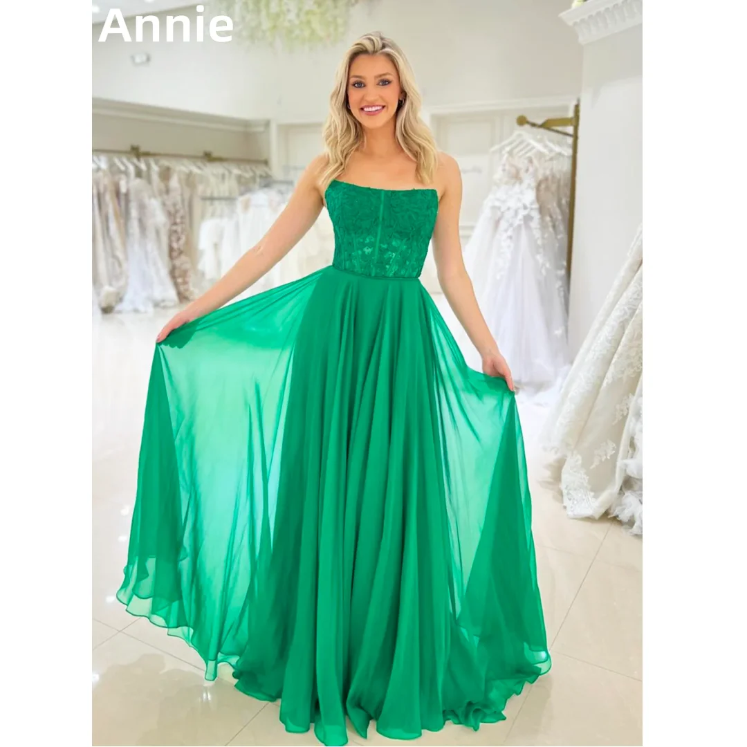 

Annie Green Embroidery Prom Dresses Sexy Strapless Chiffon Evening Dresses A-shaped Formal Occasions Elegant Party Dress