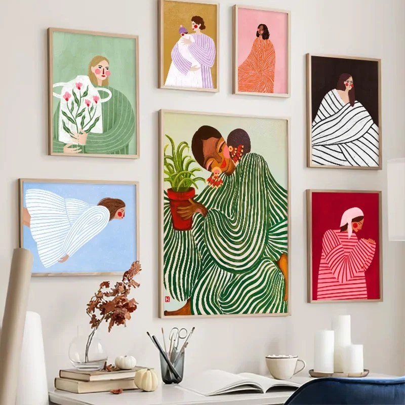 Impression Character Poster Striped Dress Women Embrace Plant Canvas Painting Wall Art Decoration Suitable for Garden Bedroom
