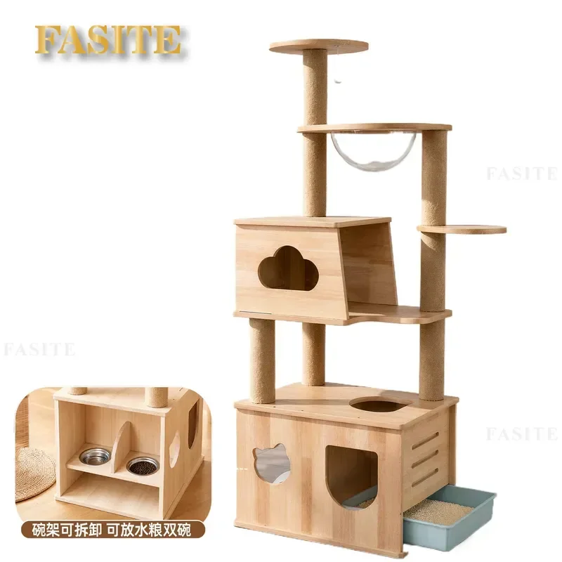 For Cat Full Solid Wood Climbing Frame with Nest Space Capsule and Litter Box Integrated Multifunctional Cat Tree Toy