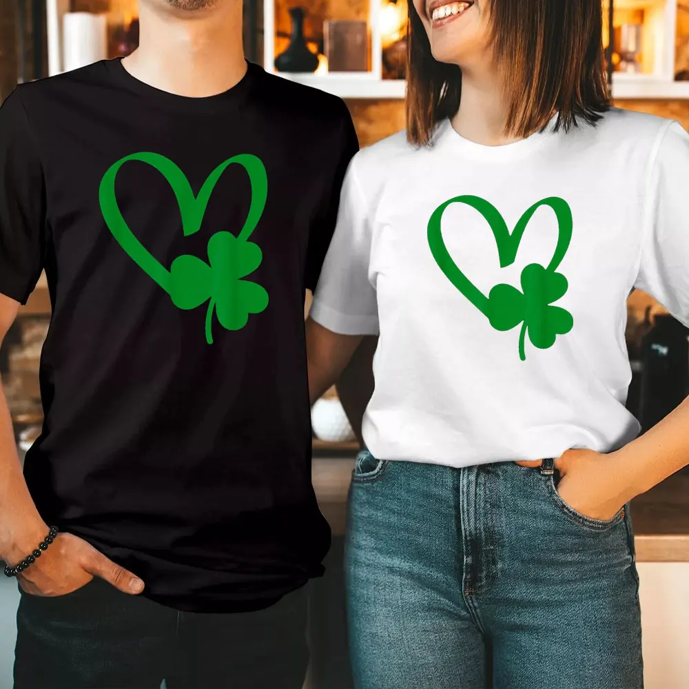 St Patrick's Day Shamrock Heart T-Shirt Women's Clothing Couples Irish Celebration Summer Fashion Green Short-sleeved Shirt Tops