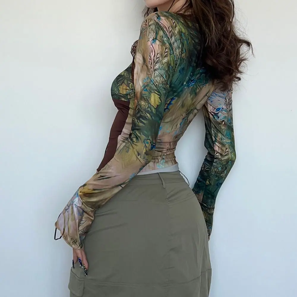 T-shirt floreale trasparente plissettata con lacci maniche lunghe scollo a V stampa corsetto dolce stile coreano slim crop top primavera estate