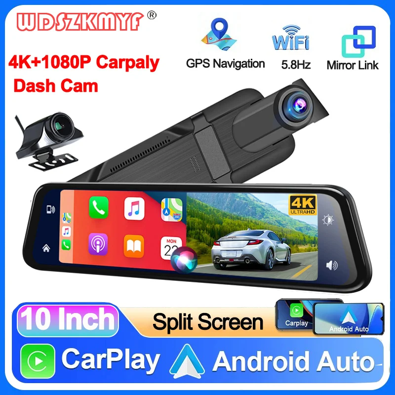 10 inch 4K Car DVR Wireless Carplay Android Auto Dash Cam for Car DVR Dual Video Recorder Rear View Mirror Camera 5G Wifi GPS