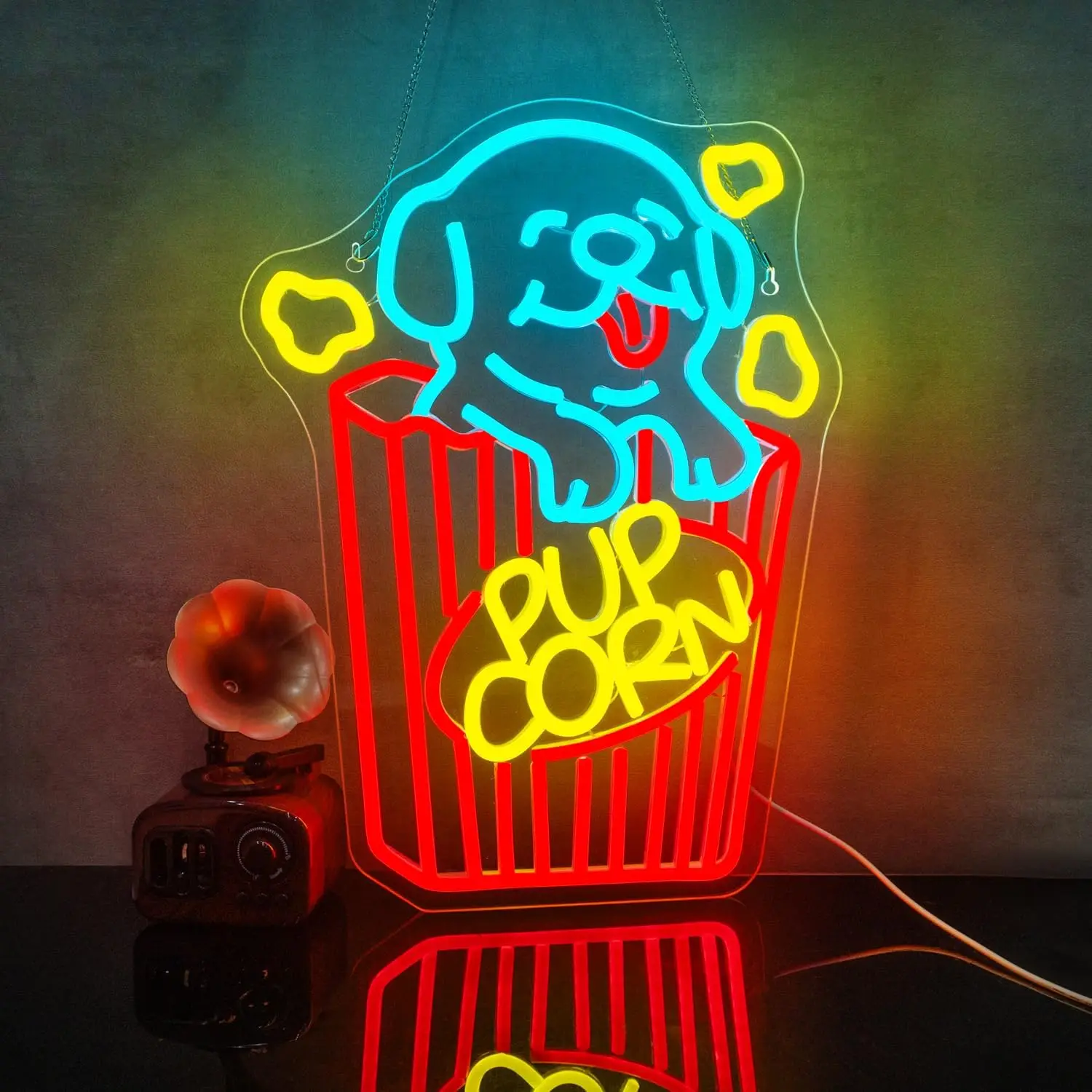 Puppy Popcorn Box Neon LED Sign Cute Dog Neon Lights Room Decoration For Cinema Film Movie Home Theater Party Bar Club Bedroom