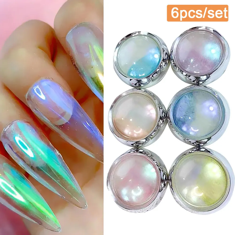 6Jars Mermaid Chrome Nail Powder Iridescent Aurora Pearl Nail Rubbing Dust Metallic Mirror Effect Pigment for Gel Polish Nails
