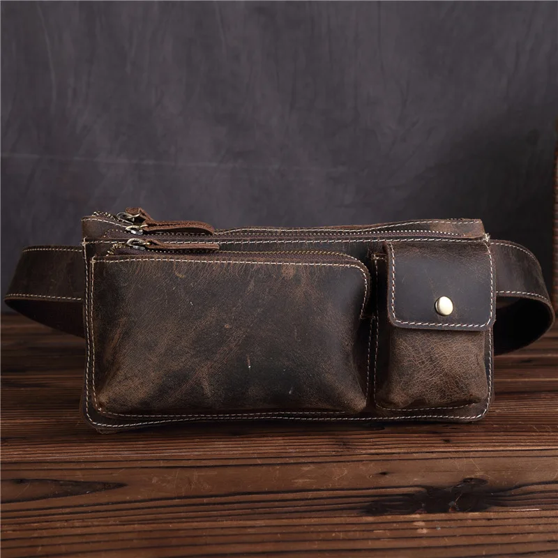 Vintage Waist Pack Genuine Cowhide Retro Style Brown Crazy Horse Leather Clutch Phone Purse Men\'s Portable Shopping Shoulder Bag