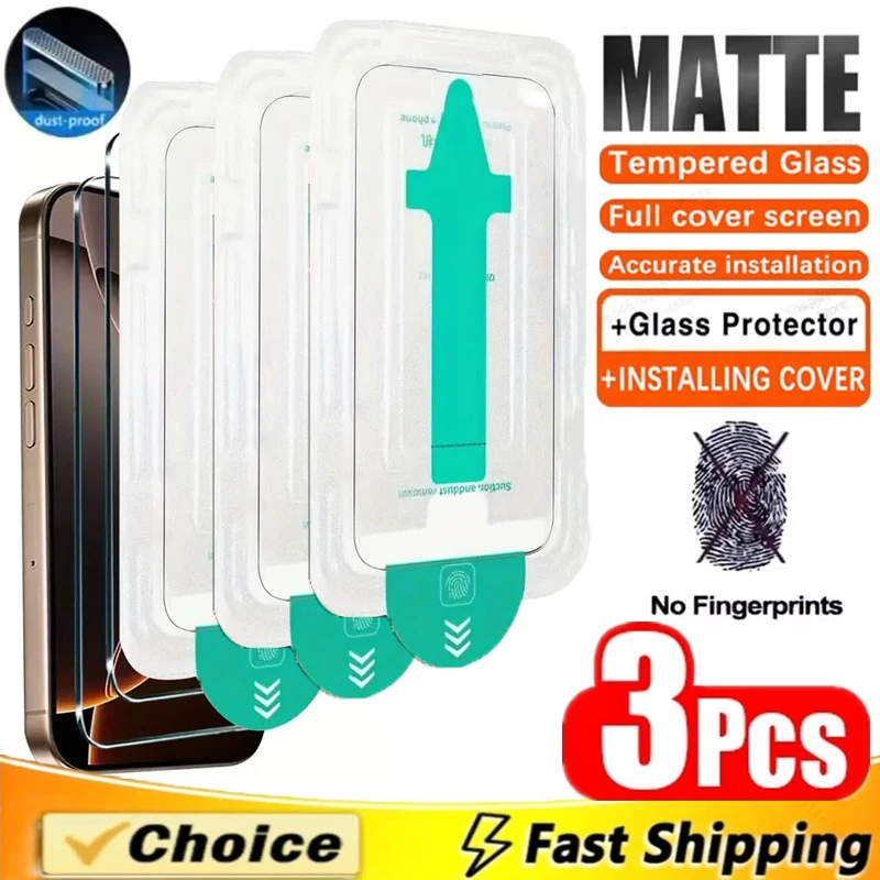 

3Pcs Oleophobic Coating Dust Free Easy Installation Screen Protector for IPhone 15 14 13 12 11 16 Pro Max Plus XS XR Matte Glass