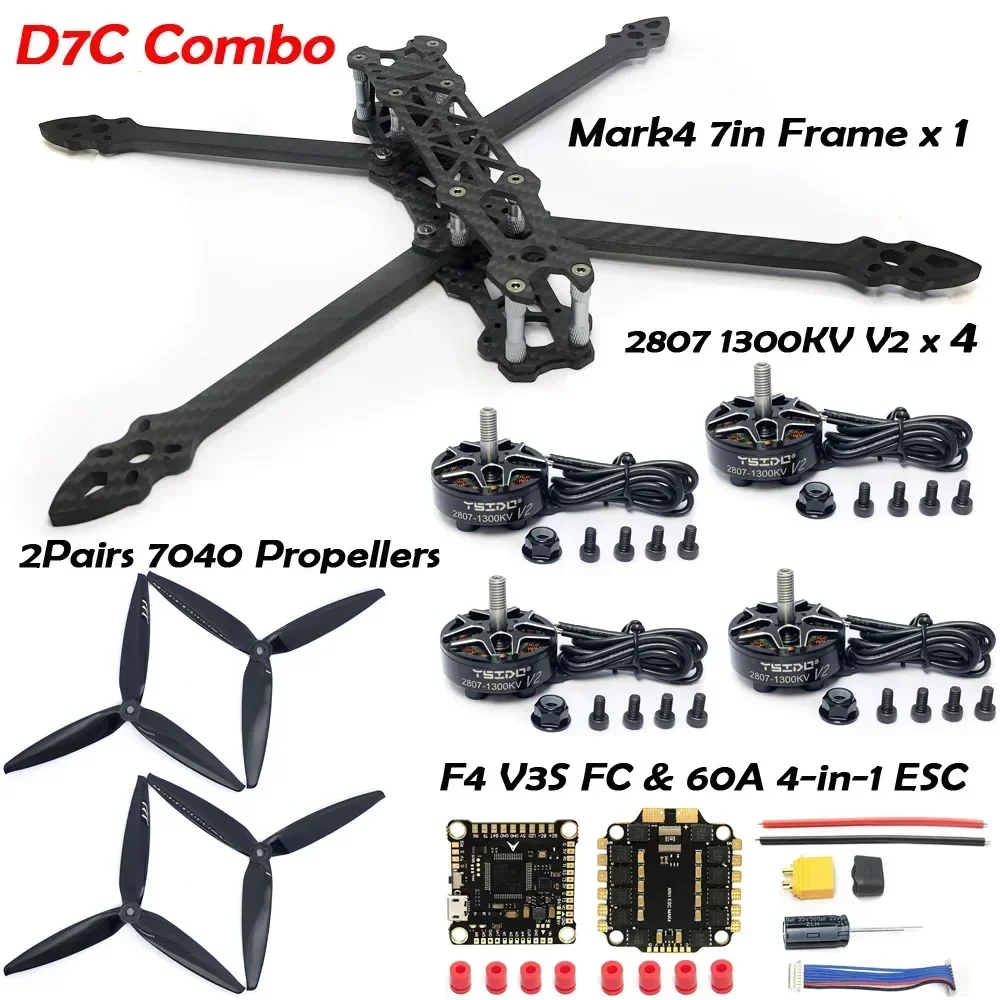 

MARK4 7inch 295mm Wheelbase Carbon Fiber Frame 5mm Arm 2807 1300KV Brushless Motor 7inch propeller For FPV 7" Long Range Drone