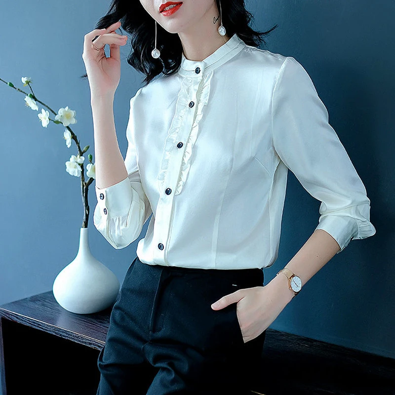 Women Korean Fashion Silk Satin Ruffled Elegant Blouse Office Lady Stand Collar Slim Shirts Casual Solid Long Sleeve Tops Blusas