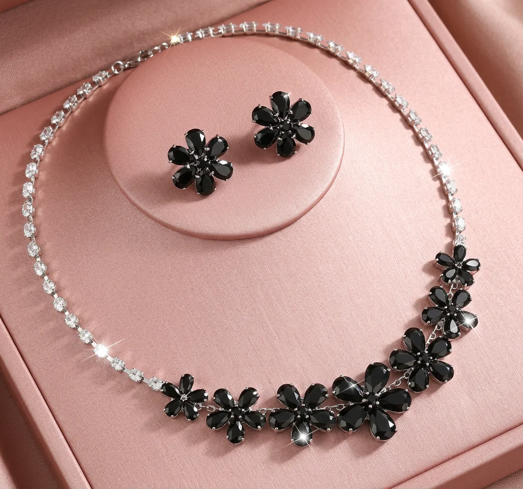 3 New Trendy Zircon Luxury Flower Necklace Earrings Set Suitable for Daily Outings, Parties, Cocktail Parties, Dinners, Birthday