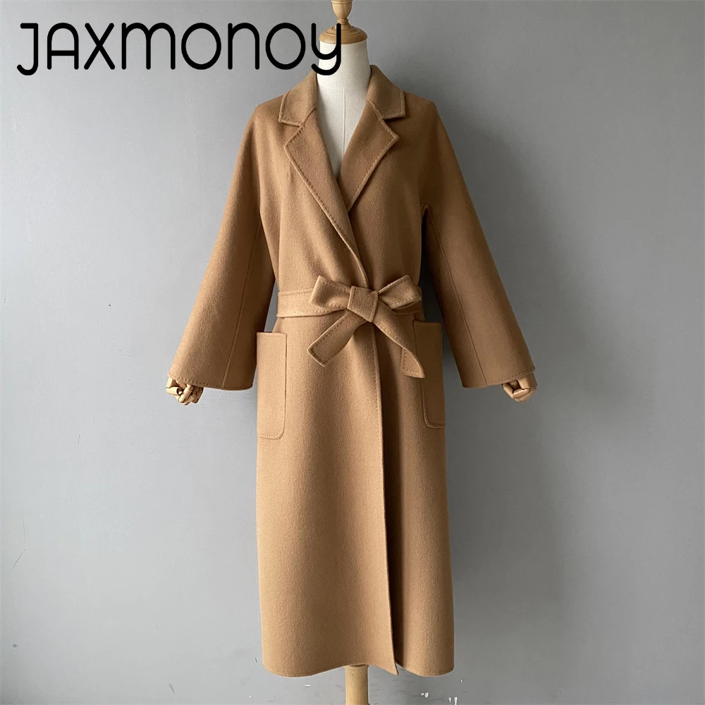 Jaxmonoy Woolen Coat For Women Autumn Oversize Coat Winter Long Jacket Ladies Cashmere Coats Solid Color Full Sleeves Outerwear