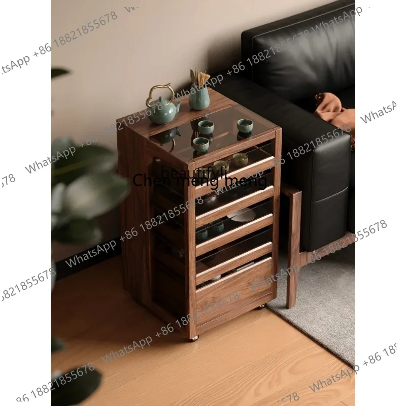 s8617 طقم شاي من الخشب الصلب خزانة عرض خزانة جانبية متحركة طاولة شاي من خشب الجوز الأسود خزانة شاي #4