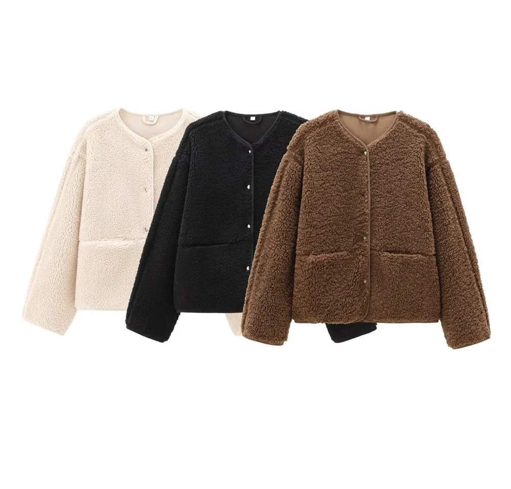 

autumn and winter new women's loose casual long-sleeved round neck solid color comfortable simple fleece jacket