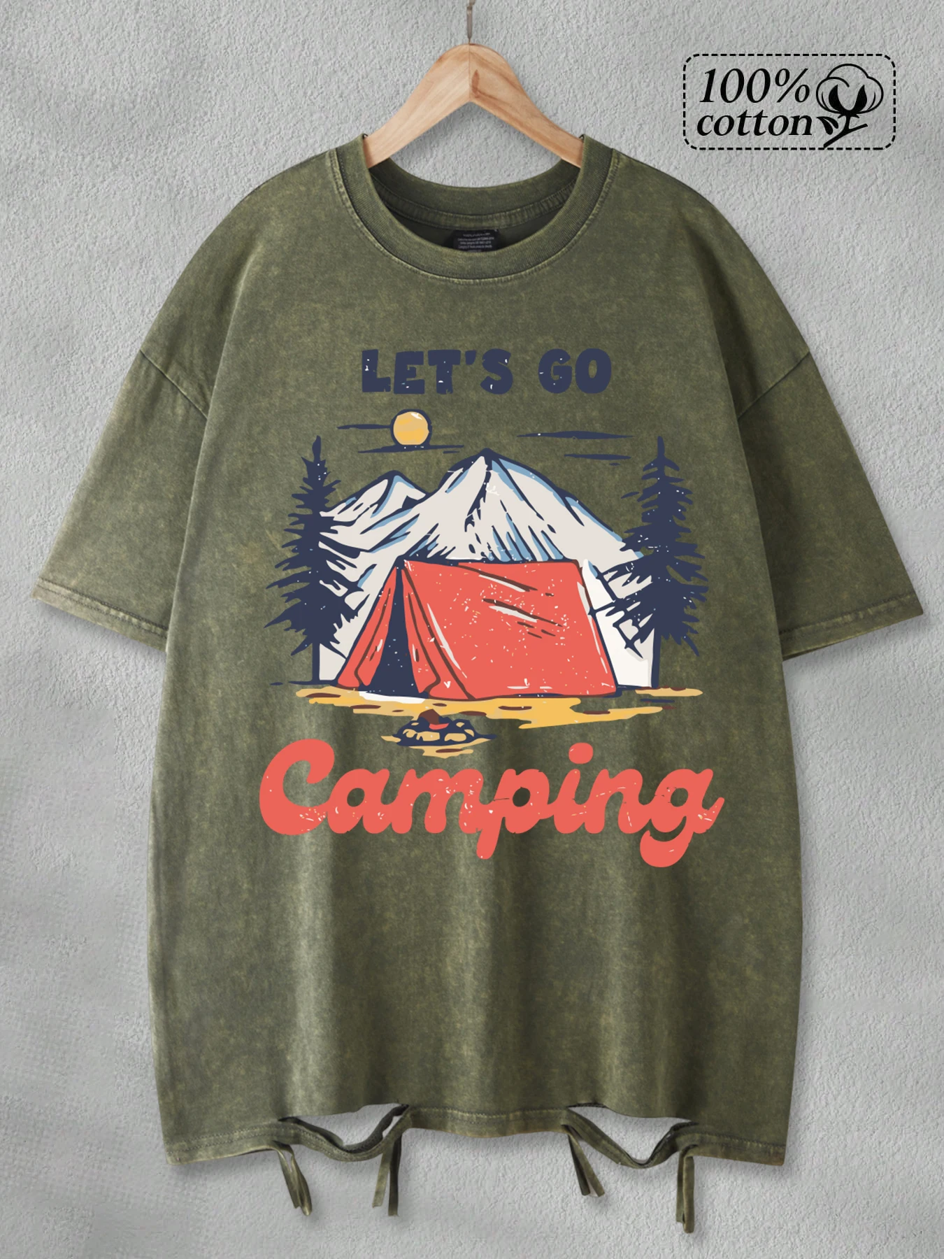 

Let'S Go Camping Pattern Washed Holes T-Shirts Men Oversized All-Match Clothing Soft Vintage Top Cotton Crewneck Streetwear