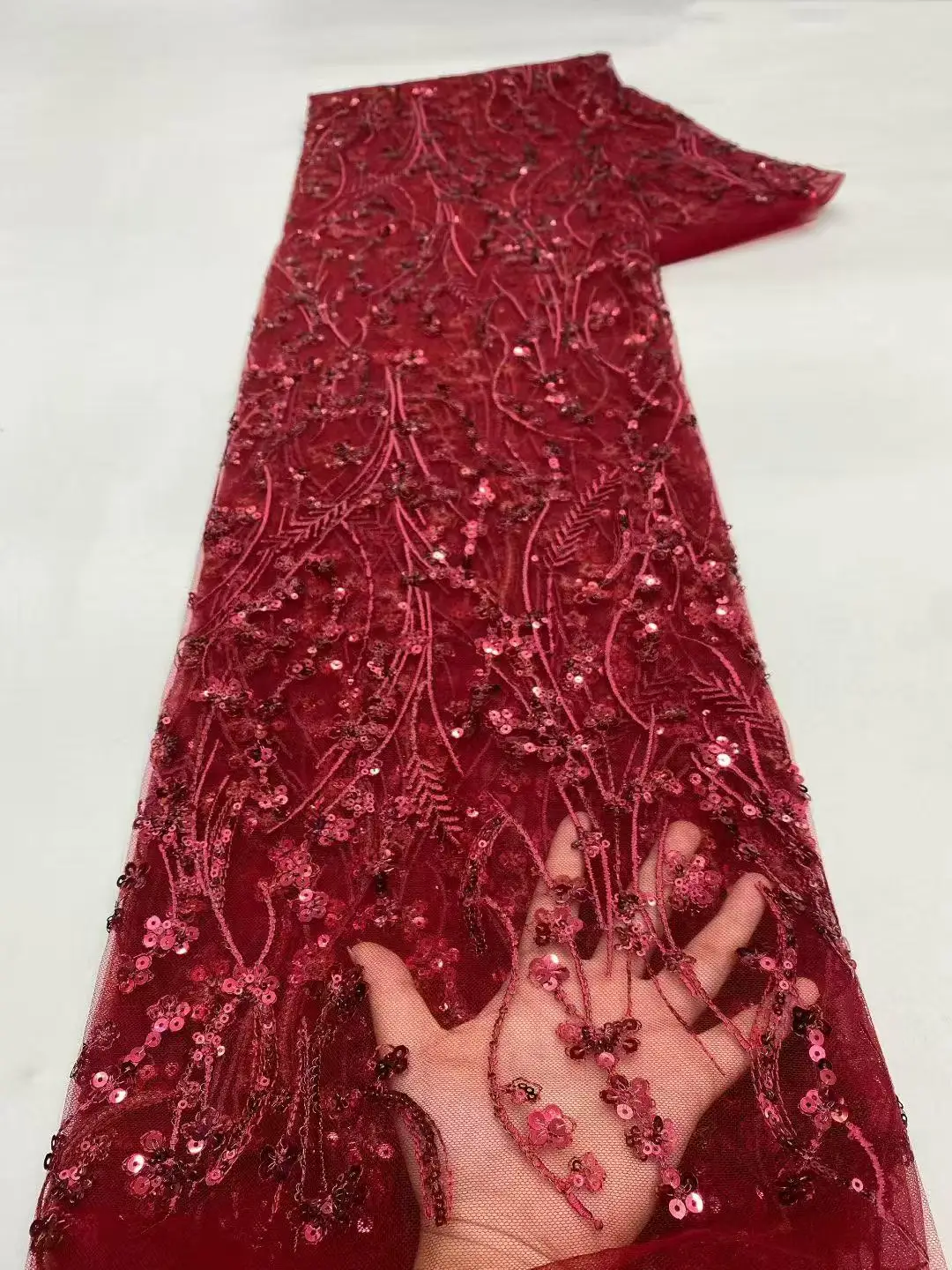 

Новая красная ткань с бисером и кружевом, роскошное кружево с вышивкой бисером, французское нигерийское тюлевое кружево для пошива свадебных платьев