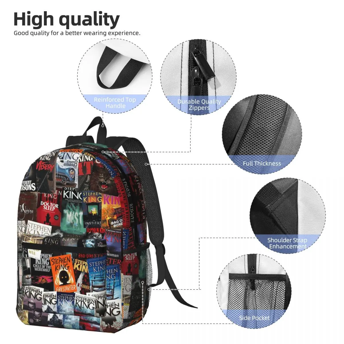 Stephen King Book Covers Horror Bookworm Backpack Daypack Large Capacity Children BookBag School Bag Shoulder Bags for Men Women