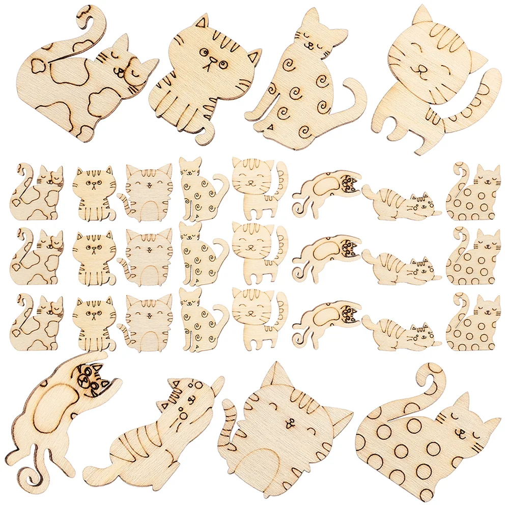 50pcs Unfinished Cat Shaped Slices Cat Wooden Slices DIY Wooden Cat Cutouts Painting Wood Slices wood cutouts