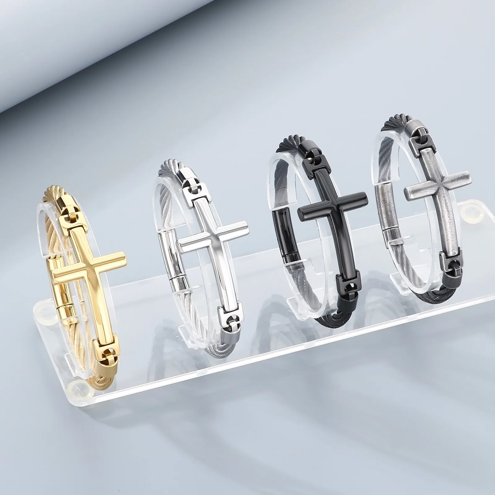 Fongten أسلاك الفولاذ الربط السلس الصليب الفولاذ المقاوم للصدأ الرجال الإسورة الهيب هوب الصبي تنوعا المعصم مجوهرات هدية عيد الميلاد #4