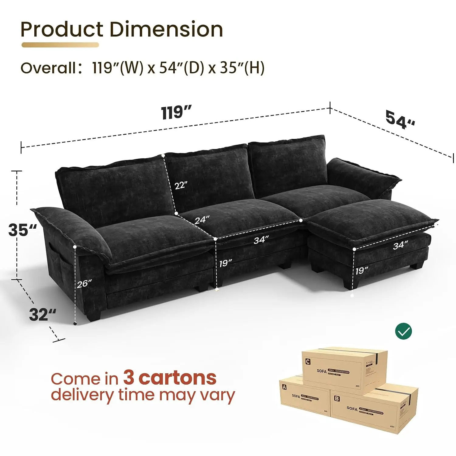123 Inch L-Shaped Modular Sectional Sofa 4 Seater Cloud with Ottoman, Customized