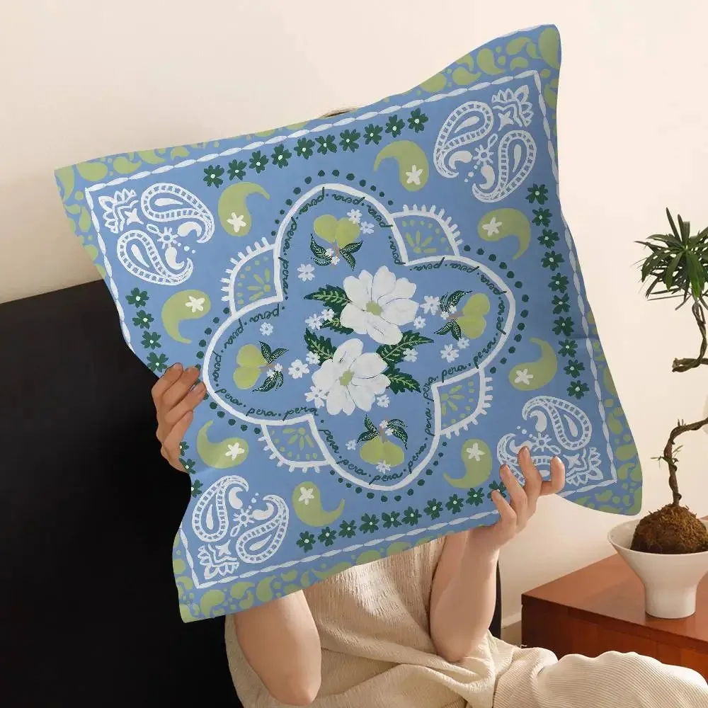 1 Stück frischer blaugrüner Paisley-Blumen-Kissenbezug, 2-seitiger Polyesterdruck, pastoraler Sofa-Schlafzimmer-Kissenbezug, Festival-Geschenk