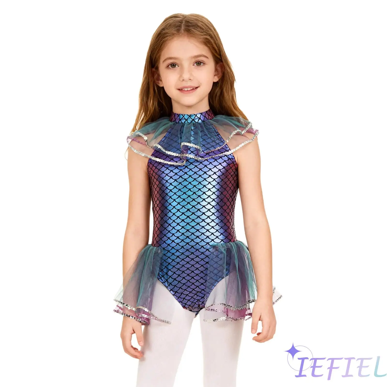 Kids Girls Halloween Carnival Mermaid Cosplay Costume Sleeveless Mermaid Princess Fish Scales Print Bodysuit with Arm Sleeves
