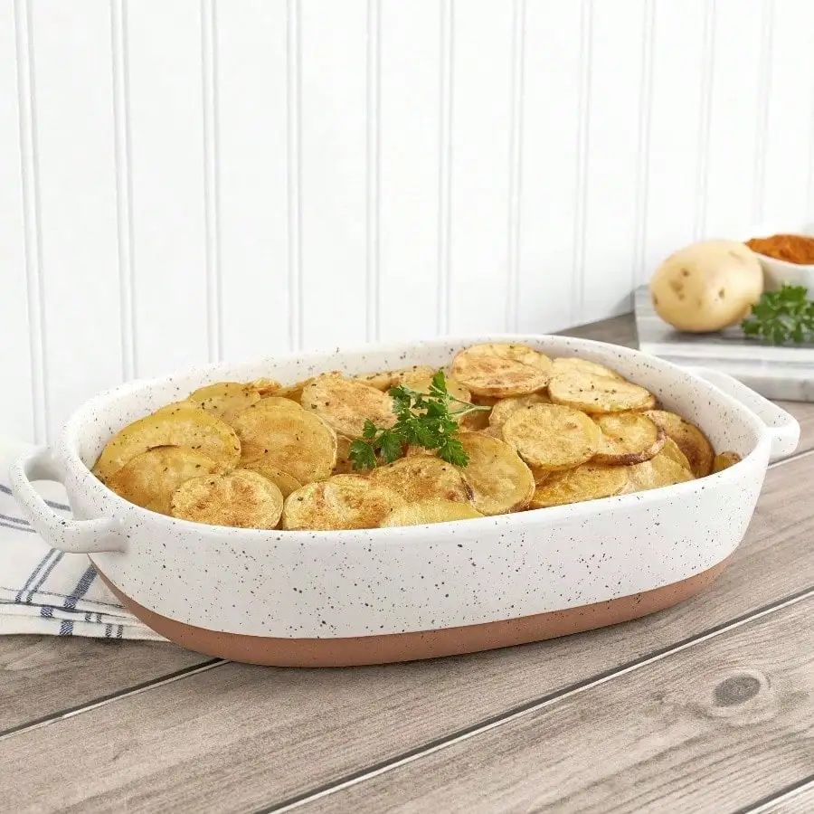 

2.4 Quart Speckled White Oval Stoneware Baking Dish Casserole Pan with Handles for Oven Use