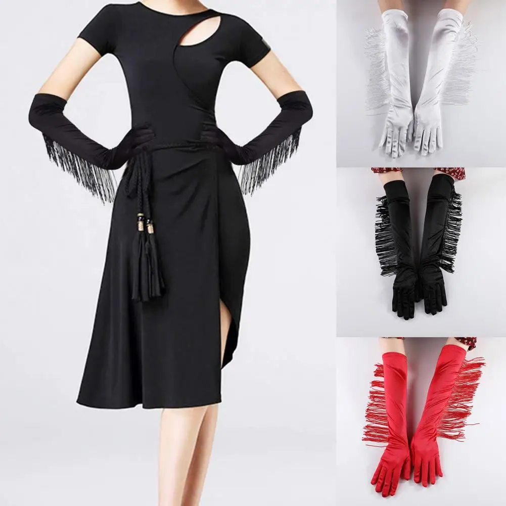 

Fashion Performance Gloves Solid Color Anti-slip Latin Dance Accessory Nylon Popular Accessory Stretchy Long Fringe Tassel Glove