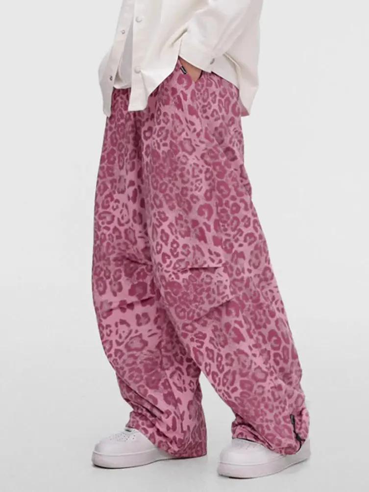 Pink Hip Hop Animal leopard Baggy Parachute Pants Men Streetwear Wide leg Oversize Causal Sport Sweatpants Male Techwear