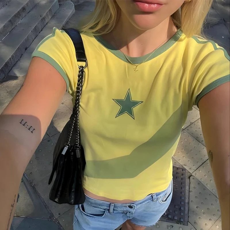 Bright Yellow Crop Top Star Graphic T Shirts Woman Fashion Skinny Streetwear Y2k Tops O Neck Short Sleeve T-Shirt Summer Clothes