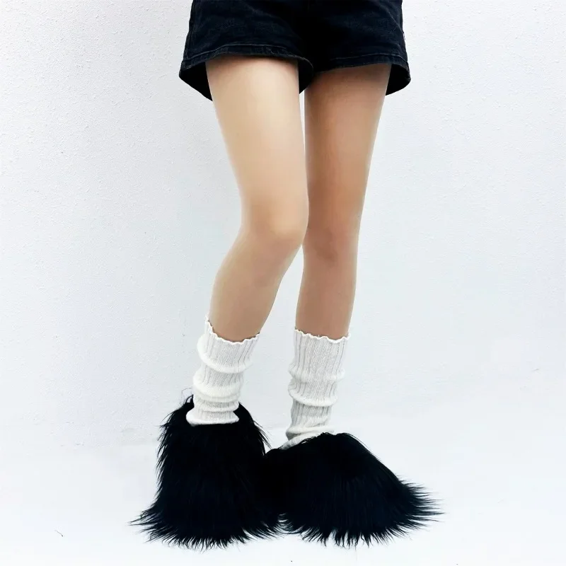 Y2K Fur Long Plush Slippers Women Winter Furry Flats Platform Shoes Ladies Fashion Colourful Fluffy Fleece Slippers Slides New