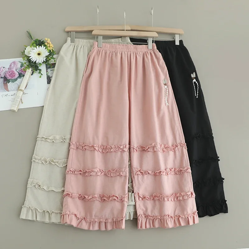 

Summer Sweet Mori Girl Ruffles Solid Color Cotton Linen Pants Women Elastic Waist Casual Loose Straight Pants