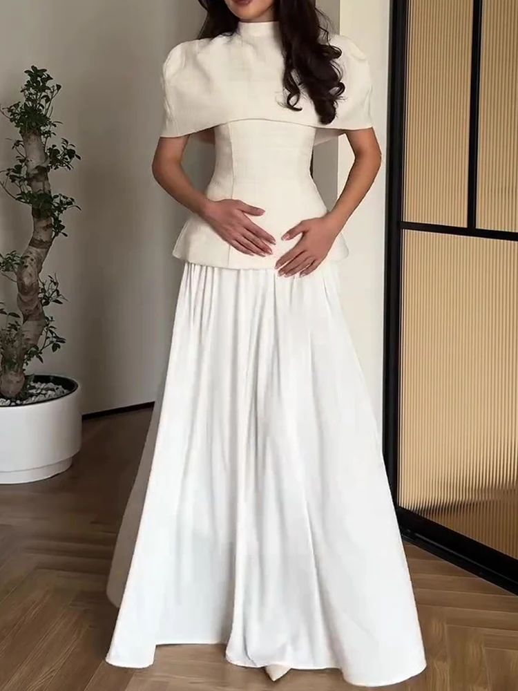 Elegant Turtleneck Cape & Vest & Long Skirt Suit Women Fashion High Waist Solid Party Skirt Outfits Fashion Temperament 3Pc Set