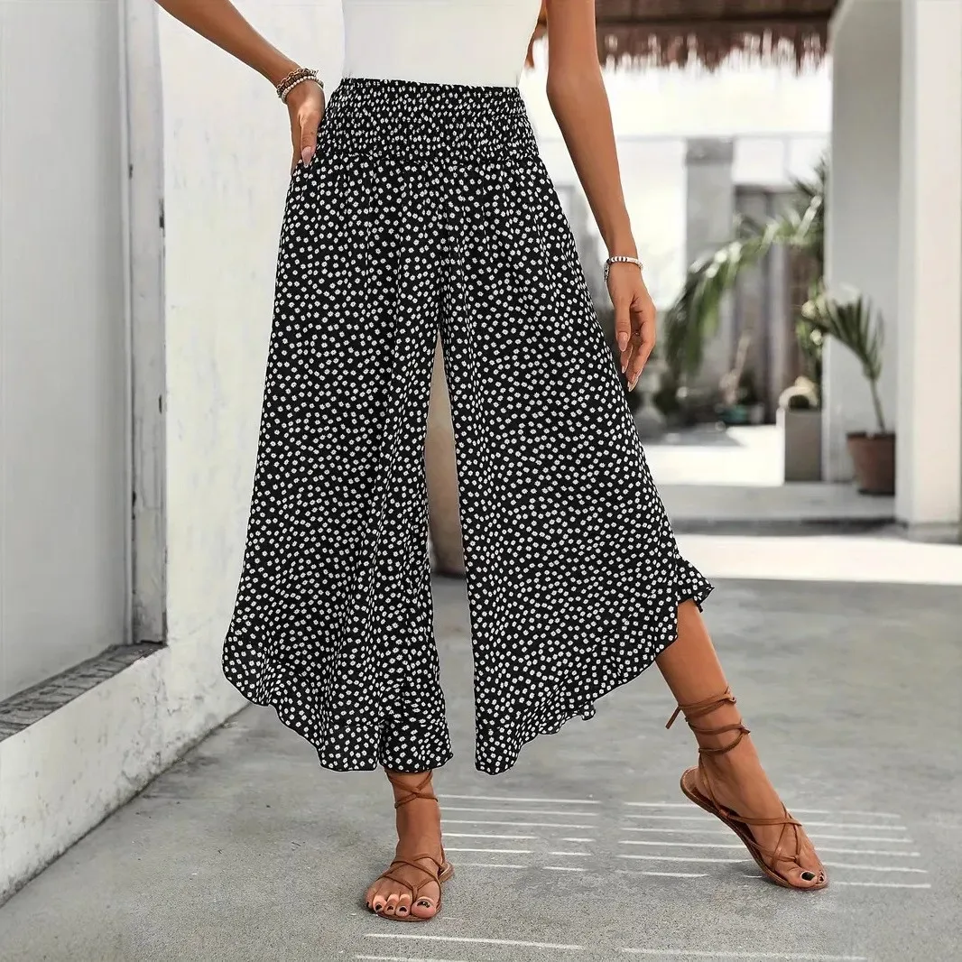 

Summer Women Pants High Waist Straight Trousers Polka Dot Print Black And White Wide Leg Pants Ruched Waist Cropped Pants