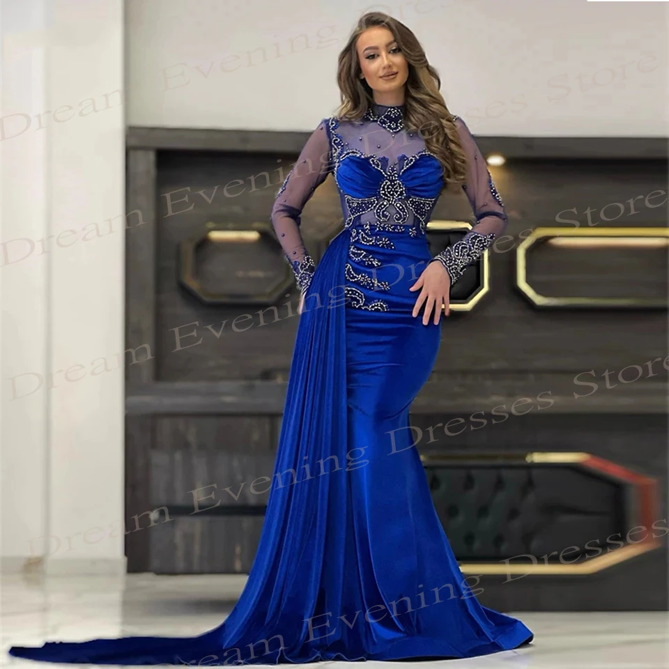 Classic Royal Blue Women's Mermaid Modern Evening Dresses Long Sleeve Lace Appliques Bead Prom Gowns Pleated فساتين حفلة موسيقية